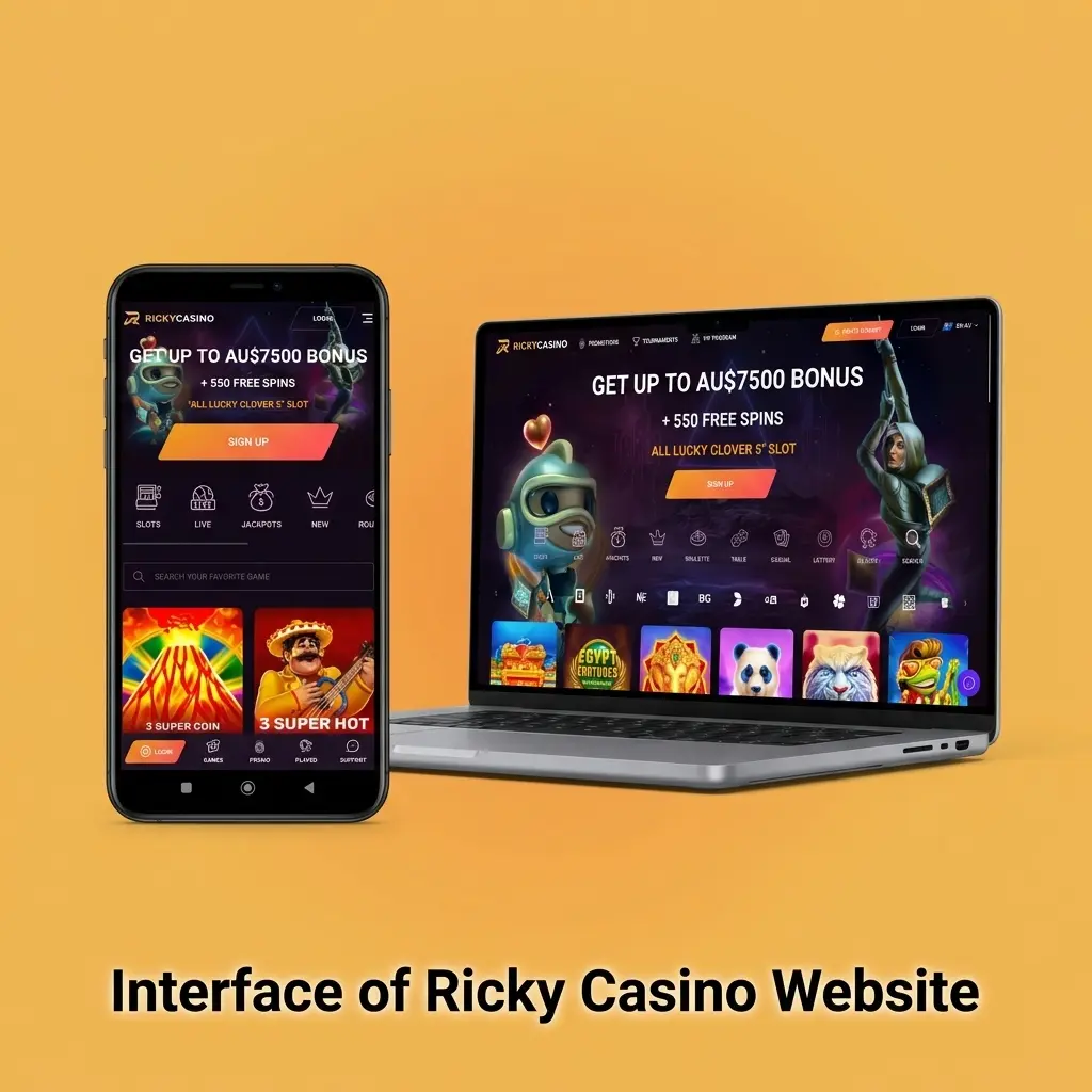 Ricky Casino website interface with dark theme and gold accents